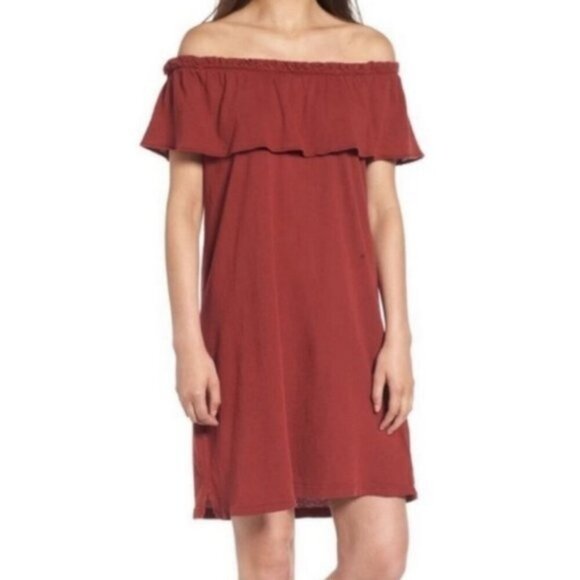 Current Elliott Ruffle Dress Rosewood Rust Size Medium Casual Off Shoulder Boho - Picture 1 of 7